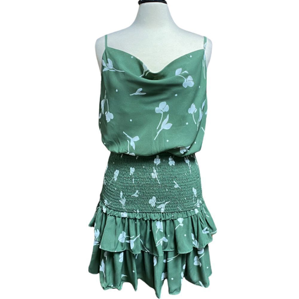 Entro Sage Green Floral Spaghetti Strap Smocked Tiered Ruffle Dress NWT
